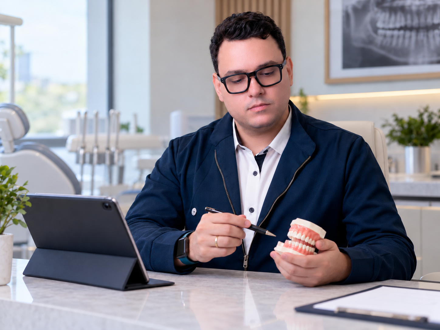 Cena ilustrativa gerada por IA a partir da foto do Dr. Lucas: planejamento com modelo dentário e tablet